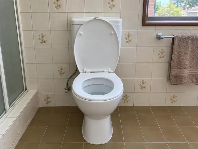 Clean white toilet in a tiled bathroom with towel rail and window in Northmead